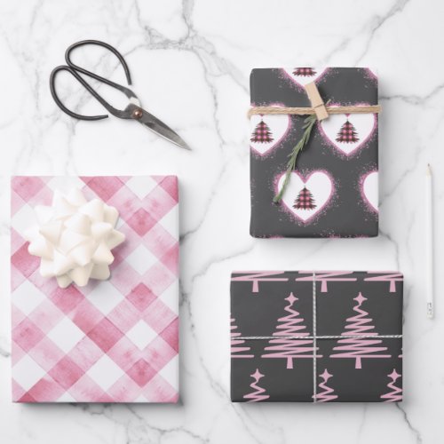 Vintage Retro Hearts Christmas Tree Pink and Grey  Wrapping Paper Sheets