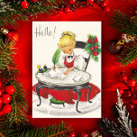 Vintage Retro Hello Christmas Girl At Desk Custom Holiday Card<br><div class="desc">This adorable vintage-retro Christmas card features a young lady,  dressed in Christmas red,  sitting at a desk and writing her Christmas "Hello" notes to friends.  Personalize by customizing the message on the inside of the card and/or adding your name(s).</div>
