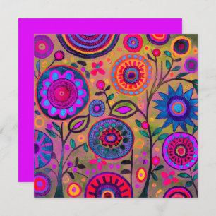 Vintage Retro Hippie Flower pattern Hot Pink  Holiday Card