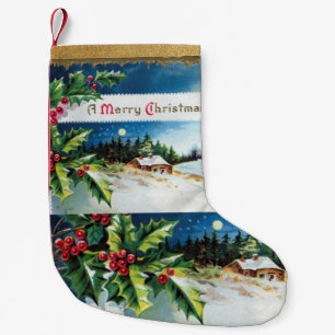 Vintage Retro Holly Leaves and Snow Scene Small Christmas Stocking