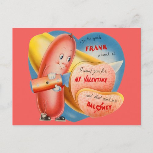 Vintage Retro Hot Dog Slicing Baloney Valentine Holiday Postcard