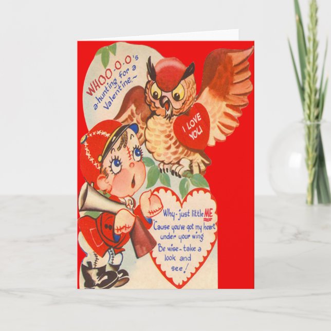 Vintage Retro Hunter & Owl Valentine Card (Front)