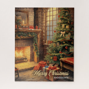 Vintage retro illustration cozy Christmas home Jigsaw Puzzle