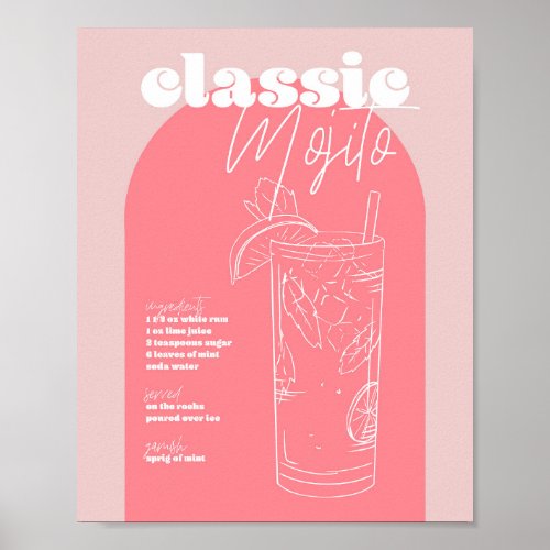 Vintage Retro Inspired Classic Mojito Recipe Pink  Poster