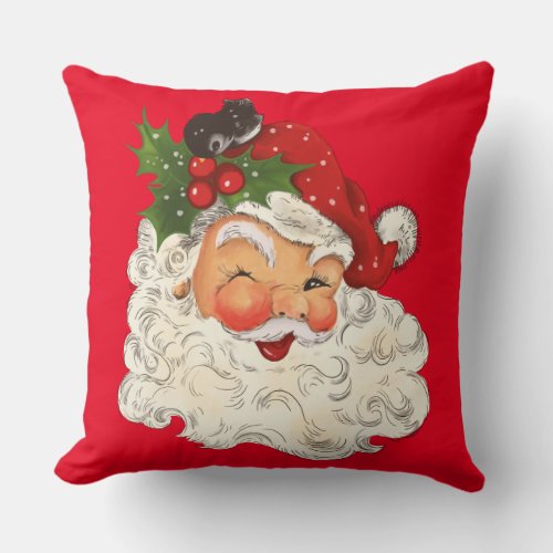 Vintage Retro Jolly Santa Claus Christmas Throw Pillow