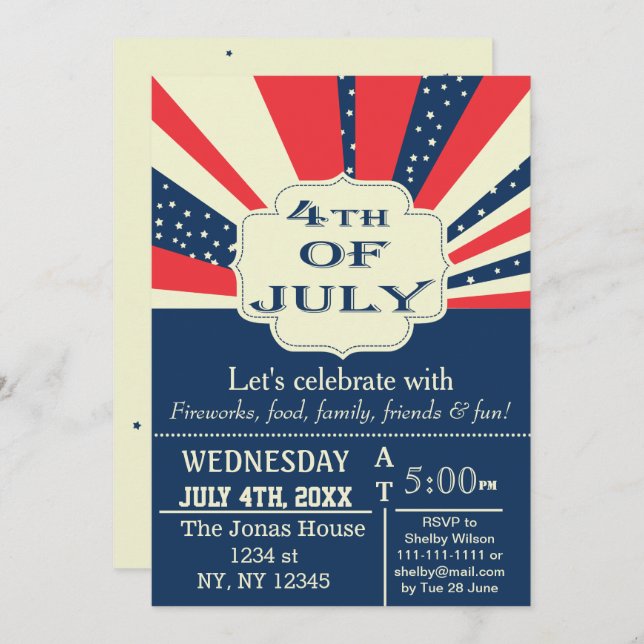 Vintage Retro July 4th Holiday party Invitation (Front/Back)