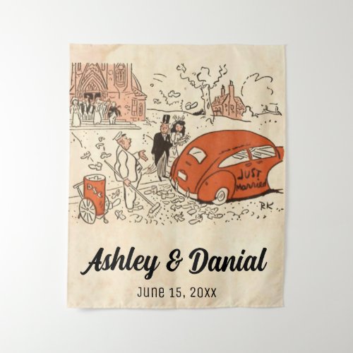 Vintage Retro Just Married Couple Classic Wedding Tapestry