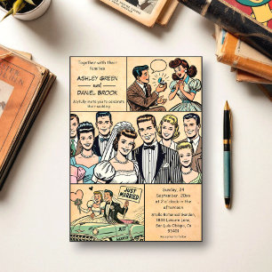 Vintage Retro Just Married Couple Comic Wedding Acrylic Invitations