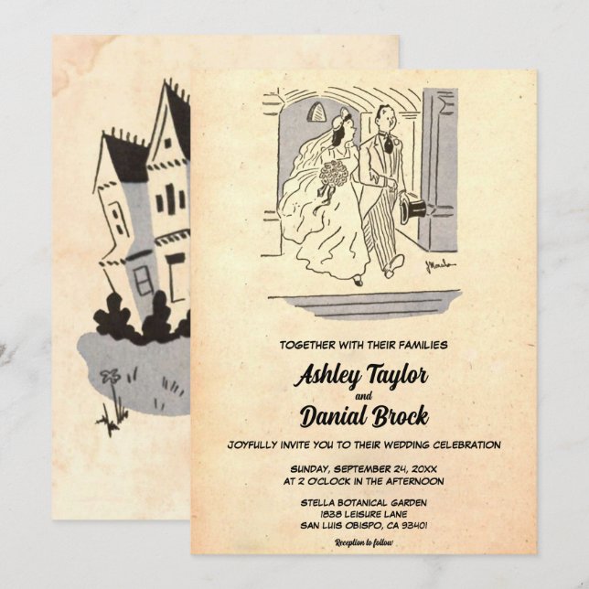 Vintage Retro Just Married Couple Romantic Wedding Invitation (Front/Back)