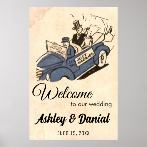 Vintage Retro Just Married Couple Rustic Wedding Poster