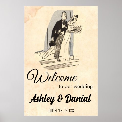 Vintage Retro Just Married Couple Welcome Wedding Poster