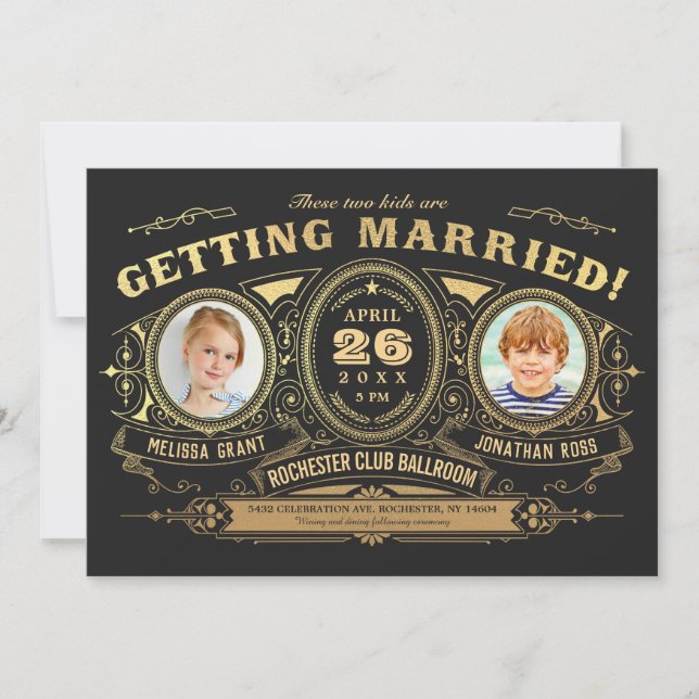 Vintage Retro Kids Photo Wedding Invitations Foil (Front)