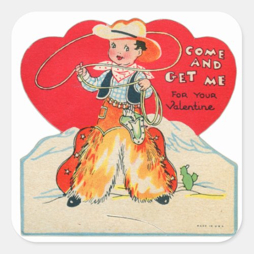 Vintage Retro Kids Valentine Cowboy Come  Get Me Square Sticker
