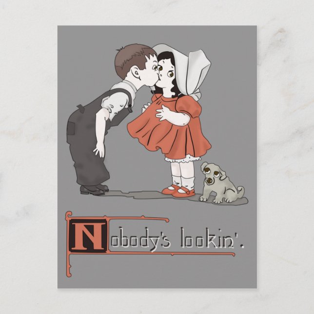 Vintage Retro Kissing Kids with Puppy Postcard (Front)