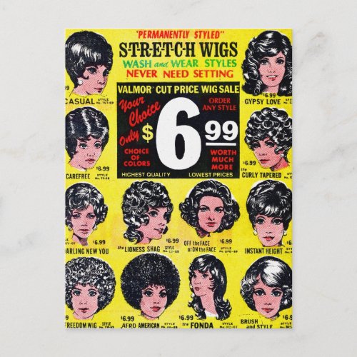 Vintage Retro Kitsch 60s Strech Wigs 699 Ad Postcard