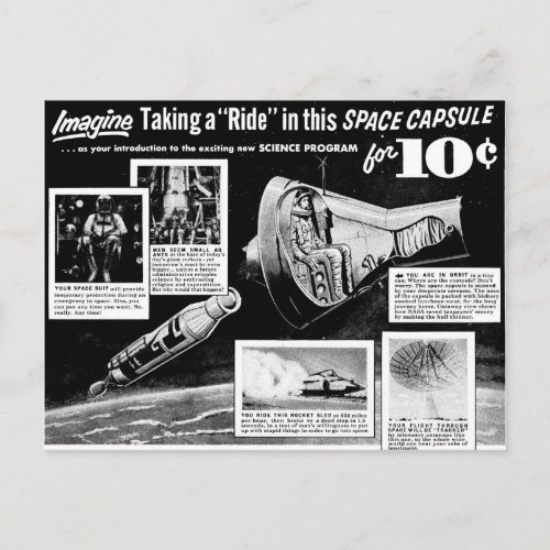 Vintage Retro Kitsch Bad Ad Space Capsule Ride 10 Postcard