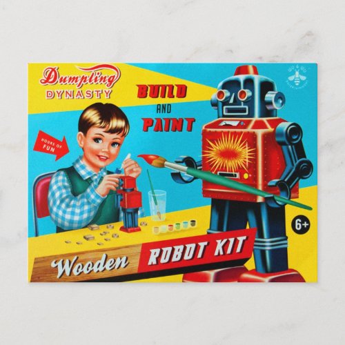Vintage Retro Kitsch Kids Toy Wooden Robot Kit Postcard