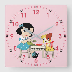 Vintage Retro Kitsch Little Girl and Dog Square Wall Clock