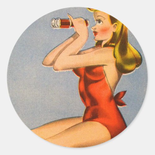 Vintage Retro Kitsch Pin Up Naughty Girl Postcard Classic Round Sticker