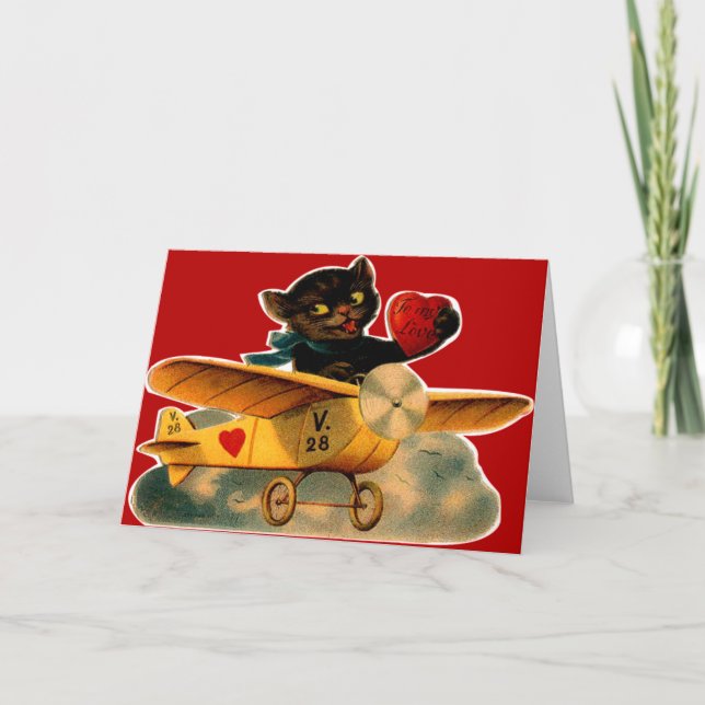 Vintage Retro Kitten In Airplane Valentine Holiday Card (Front)