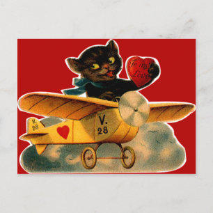 Vintage Retro Kitten In Airplane Valentine Holiday Postcard