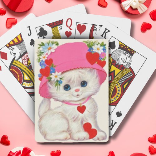 Vintage Retro Kitten In Pink Hat With Red Hearts  Playing Cards