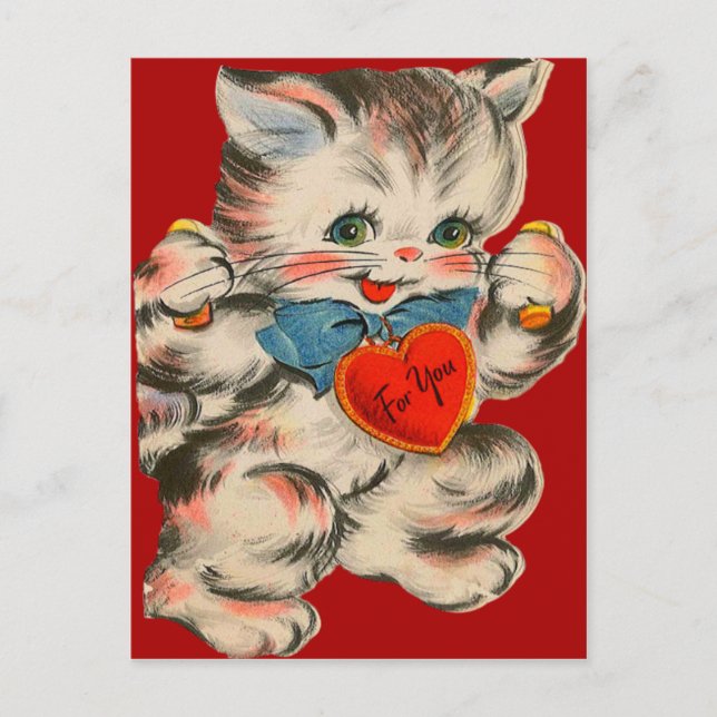 Vintage Retro Kitten With Heart Valentine Card (Front)