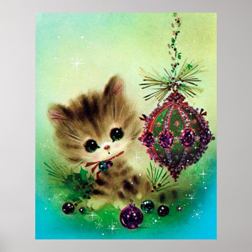 Vintage retro kitty Christmas bulb poster