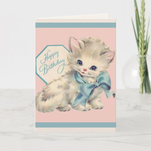 Vintage Retro Kitty in Pink  Blue Custom Birthday Card