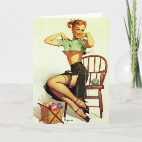 Vintage retro Knitting Pin Up Girl Card