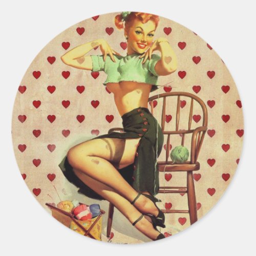 Vintage retro Knitting Pin Up Girl Classic Round Sticker