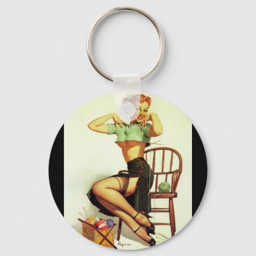 Vintage retro Knitting Pin Up Girl Keychain