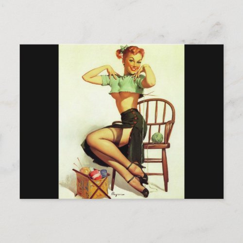 Vintage retro Knitting Pin Up Girl Postcard