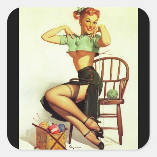 Vintage retro Knitting Pin Up Girl Square Sticker