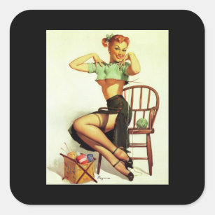 Vintage retro Knitting Pin Up Girl Square Sticker