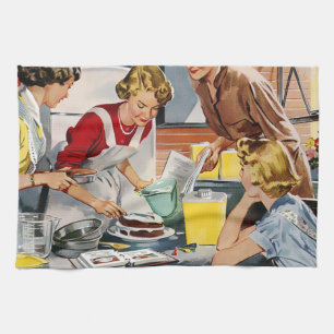 Vintage Retro Ladies Making a Cake Kitchen Towel