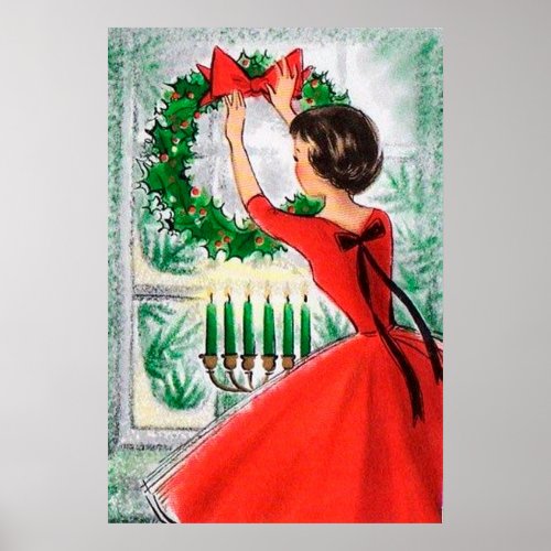 Vintage retro lady and wreath decor poster