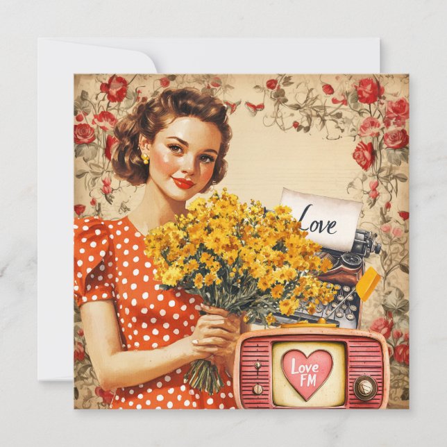 Vintage Retro Lady Valentine Flat Holiday Card (Front)