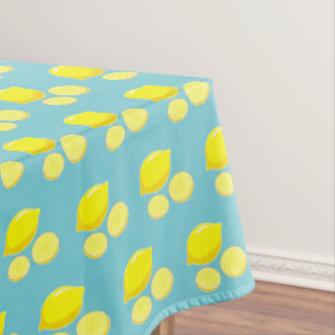 Vintage Retro Lemons Slices Pattern Yellow on Blue Tablecloth