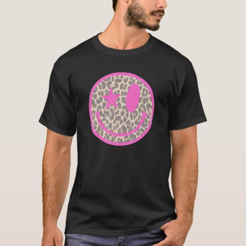 Vintage Retro Leopard Print Smiley Face 80S 90S T_Shirt