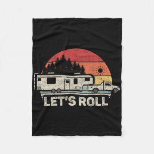 Vintage Retro Lets Roll Camping 5th Wheel Camper R Fleece Blanket