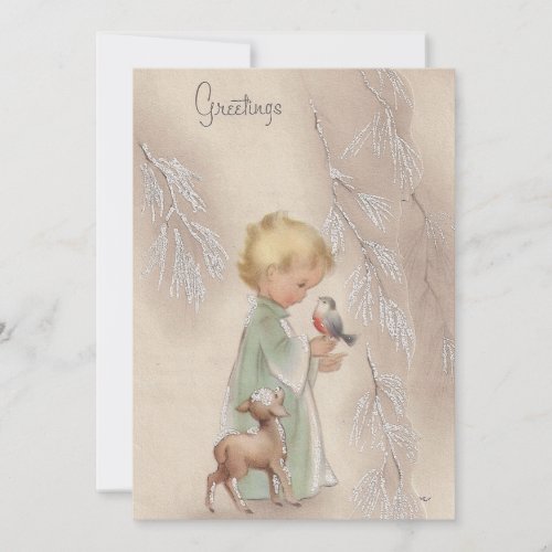 Vintage Retro Little Christmas Girl With Animals Holiday Card