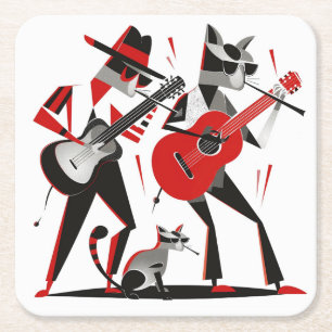 Vintage Retro MCM Beatnik Cats Playing Guitars Square Paper Coaster