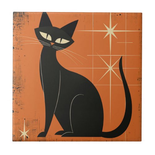 Vintage Retro MCM Black Cat Stars Orange Black  Ceramic Tile