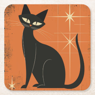 Vintage Retro MCM Black Cat Stars Orange Black Square Paper Coaster