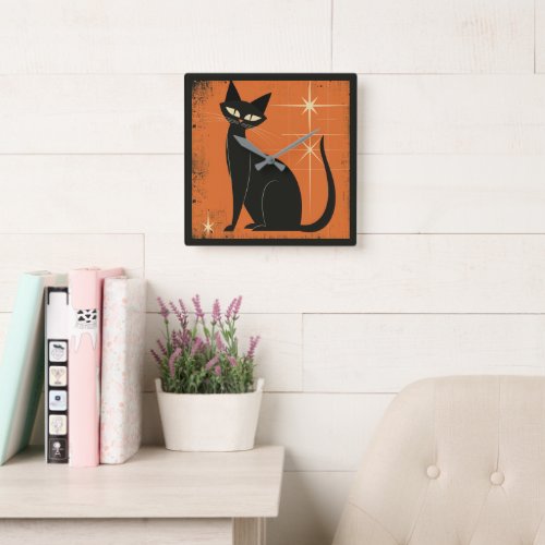 Vintage Retro MCM Black Cat Stars Orange Black  Square Wall Clock