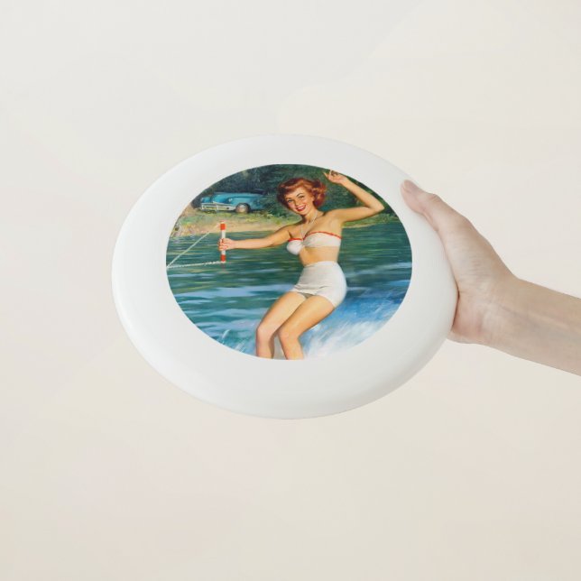 Vintage Retro Medcalf Water Skiing Pin-up Girl Wham-O Frisbee (In Hand)