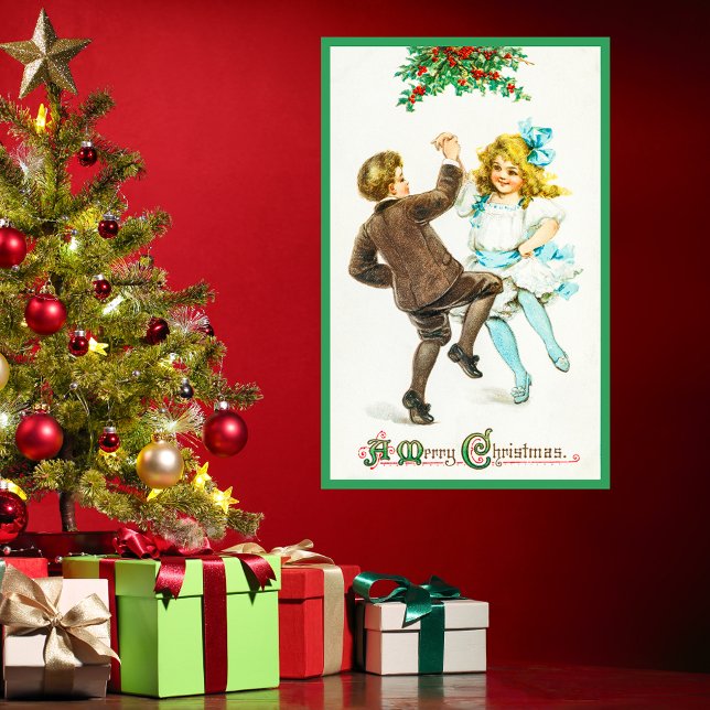 Vintage Retro Merry Christmas Cute Kid Green Holly Poster (Vintage Retro Merry Christmas Cute Kids Dancing Green Holly Red Berries Holiday Season Poster)
