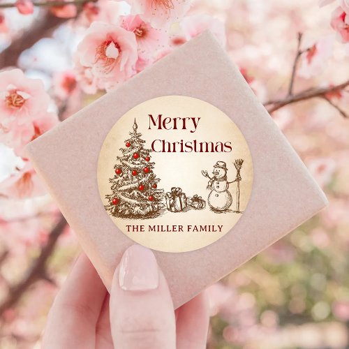 Vintage Retro Merry Christmas Tree Classic Round Sticker