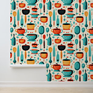 Vintage Retro Mid-Century Kitchen Collage Wallpaper